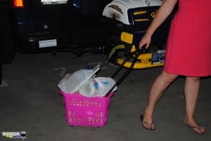 Pink Rolling basket loaded for tailgating